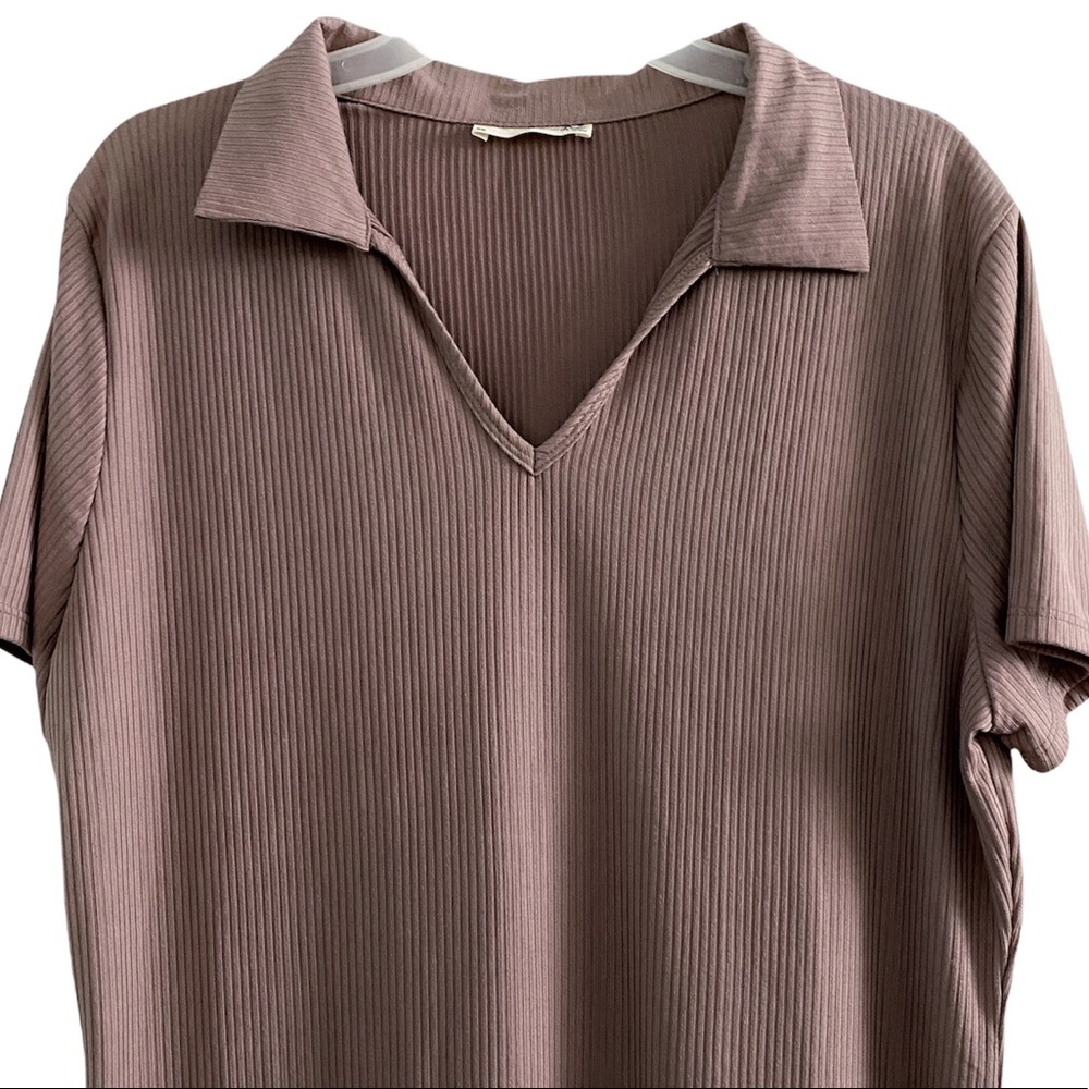 Forever Rose ribbed stretchy collared shirt dress (midi), mauve - Picture 3 of 7